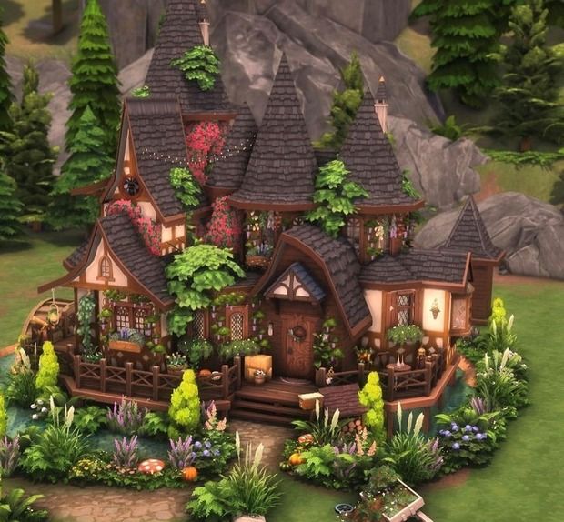 a very cute house in the middle of some trees and bushes with lots of plants