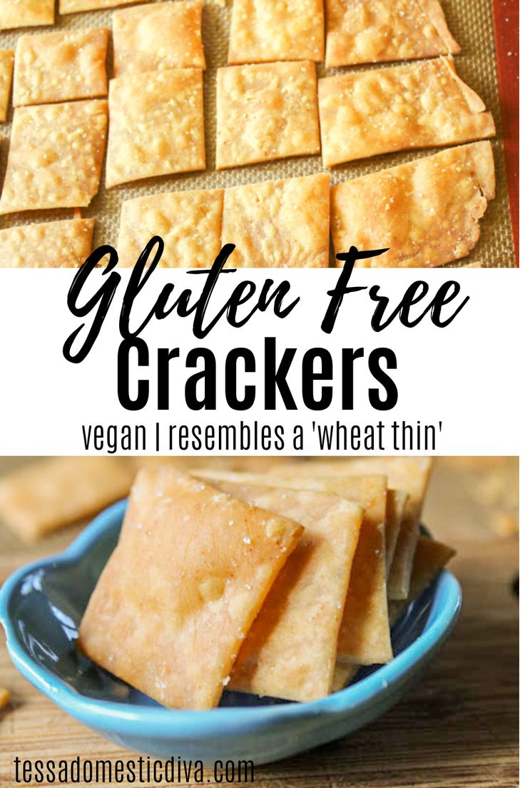 gluten free crackers on a blue plate with text overlay that reads gluten free crackers vegan crunchy easy