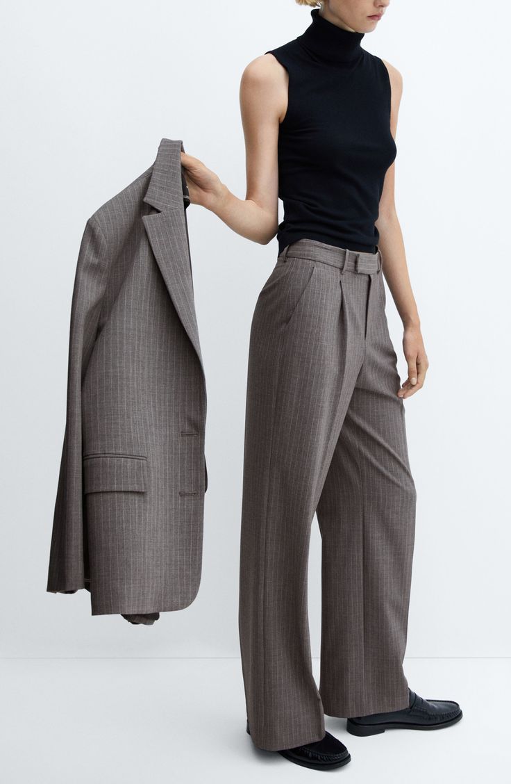 Workplace-ready pants feature a wide-leg silhouette with timeless pinstripes and polished pleats. Zip fly with hidden-button closure Front slant pockets Lined 60% polyester, 32% viscose, 8% elastane Dry clean or machine wash, line dry Imported Pinstriping Designs, Pinstripe Suit, Total Look, Suit Pants, High Fashion Street Style, Fashion Street, High Fashion, Wide Leg, Pants For Women