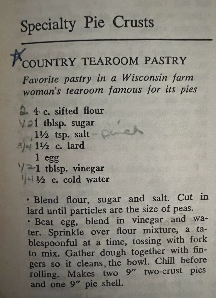 an old recipe book with instructions for cooking and baking pie crusts on it's pages