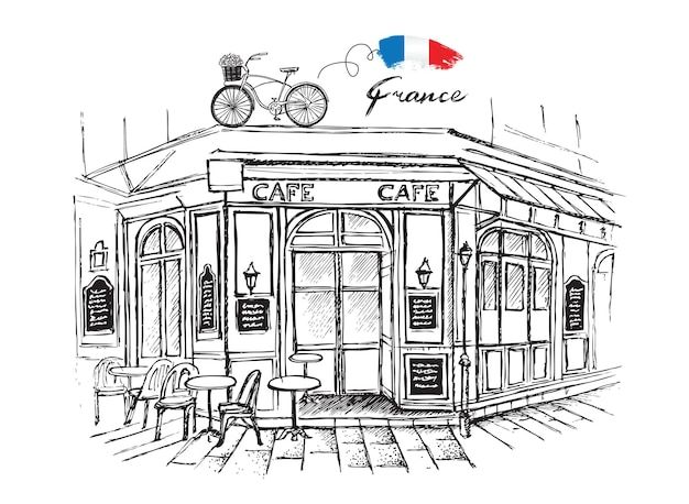 a drawing of a french cafe with a bicycle on the roof and tables in front