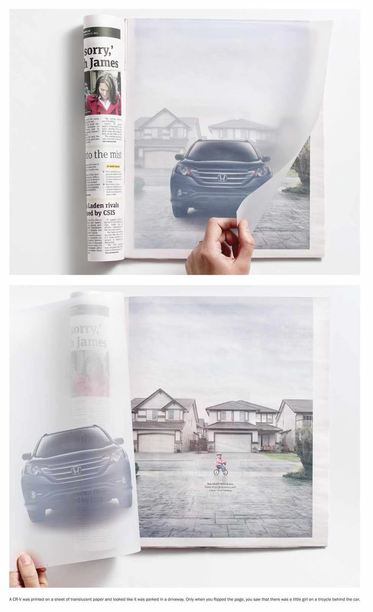 two photographs of a car being displayed in an open magazine, with the same image on it