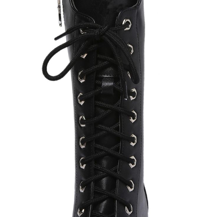 Military Madam Boots Vegan faux leather zip up boots with a lace-up look that come to a great mid-shin length. We love the cool chunky corrugated tire sole. Super cute with a mini skirt or skinny jeans! Please check the size chart below before ordering and measure your foot length. These run small! Material: PU; Waterproof Rubber. Heel Height: 2.6"/6.5cm Length: 9.8"/25cm Closure: Zip. Size US Size Heel to Toe 35 5 8.9" (22.5cm) 36 6 9" (23cm) 37 6.5 9.3" (23.5cm) 38 7.5 9.4" (24cm) 39 8.5 9.6" High-top Platform Boots With Zipper In Faux Leather, High-top Faux Leather Platform Boots With Zipper, Trendy Lace-up Platform Boots With Zipper Closure, Edgy High-top Platform Boots With Zipper, Trendy High Ankle Moto Boots With Zipper, Edgy Winter Knee-high Boots With Zipper Closure, Edgy Winter Knee-high Boots With Zipper, Edgy Knee-high Boots With Zipper For Winter, Knee-high Lace-up Boots With Zipper For Fall