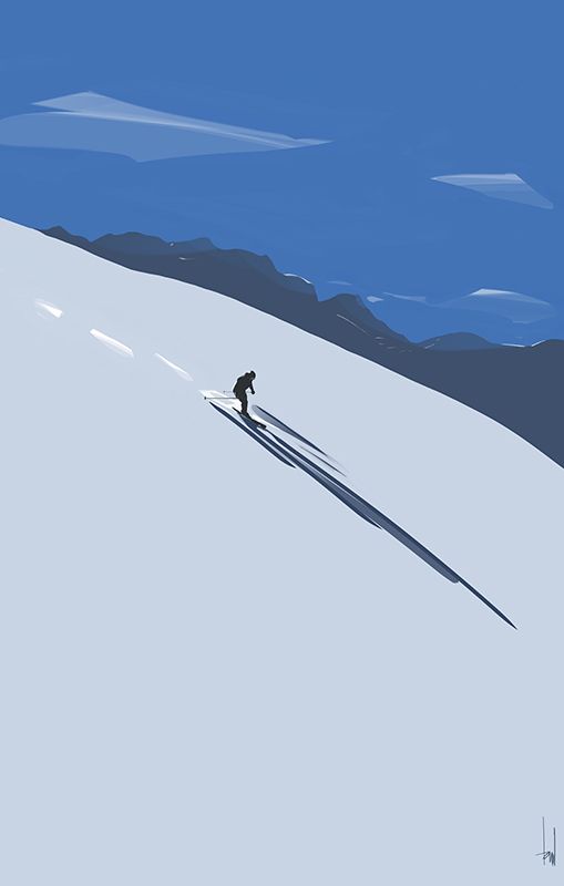 a person skiing down a snow covered mountain with mountains in the background and blue sky