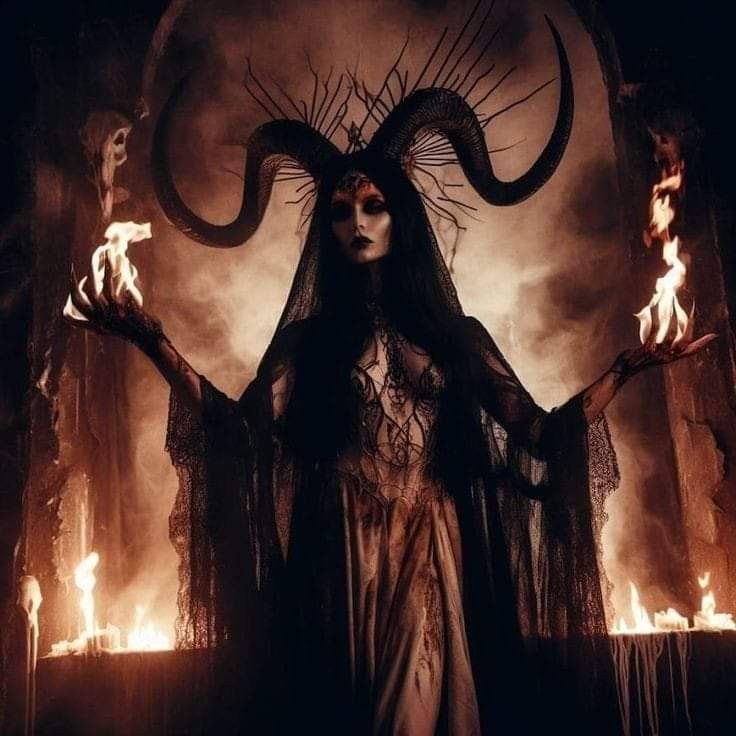 a woman with long hair and horns standing in front of flames