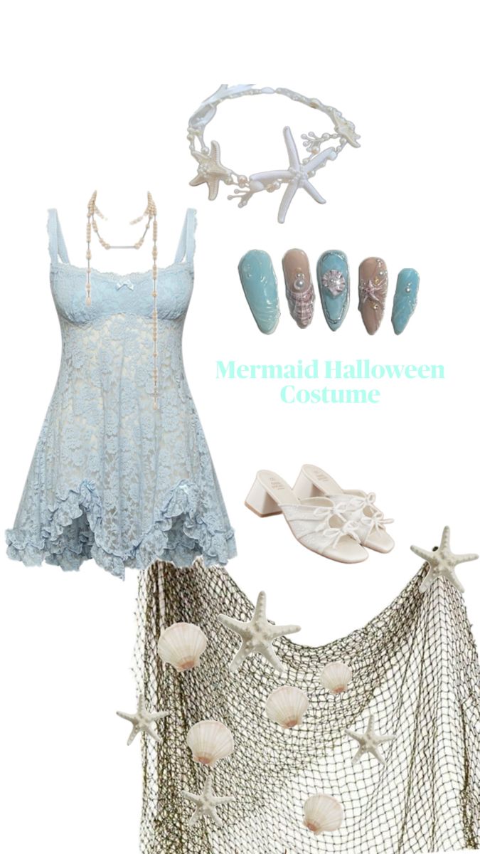 a dress and accessories are shown with the words mermaid halloween costume written below it in white