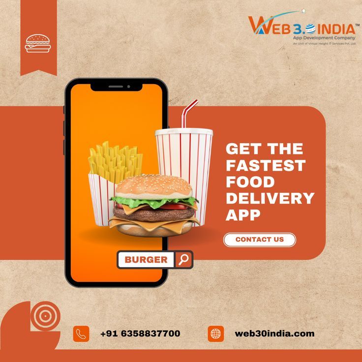 an advertisement for a fast food delivery app with a burger and fries on the screen