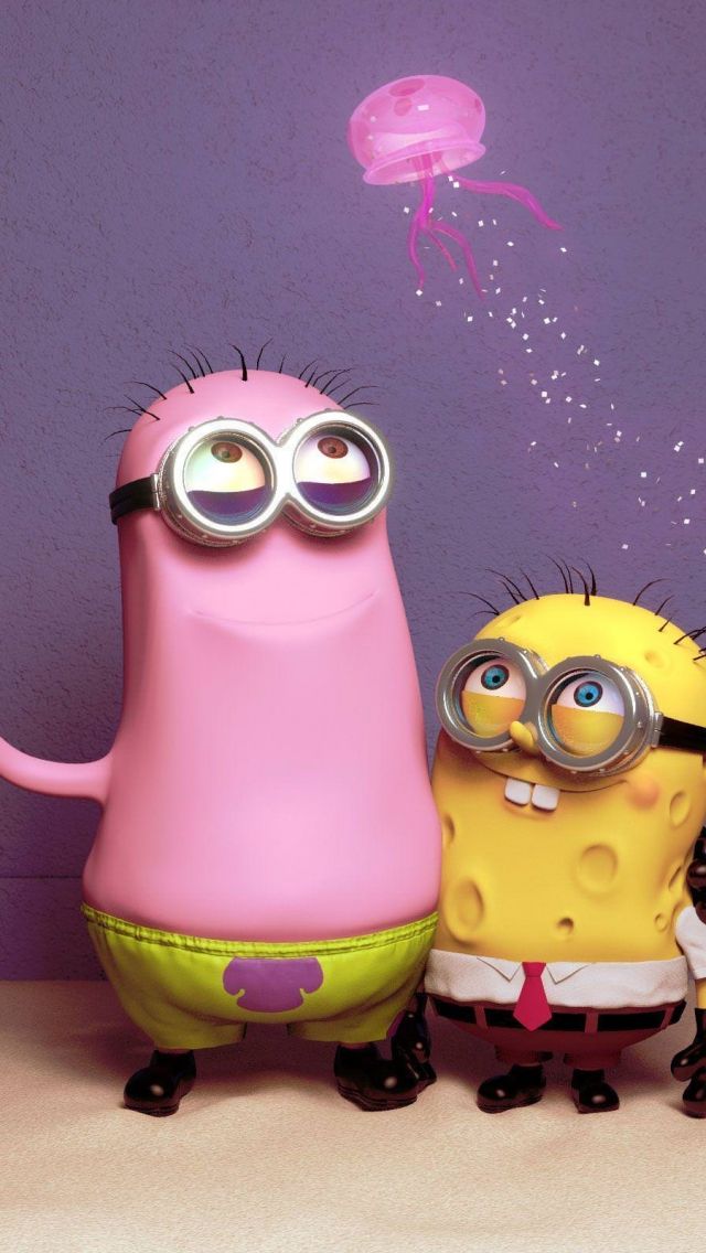 two minion characters standing next to each other in front of a wall with jellyfish