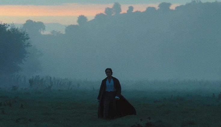 a man standing in the middle of a foggy field with trees in the background