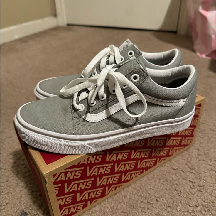 Womens Old Skool Vans Size 7.5 Worn Once Basically Brand New Comes With Box Message Me For Offer Or With More Photos Casual Gray Vans Sneakers, Spring Gray Vans Sneakers, Gray Vans Women, Vans Gray Skate Shoes With Rubber Sole, Gray Lace-up Vans Sneakers, Vans Shoes Women, Old Skool Vans, Van Color, Womens Vans