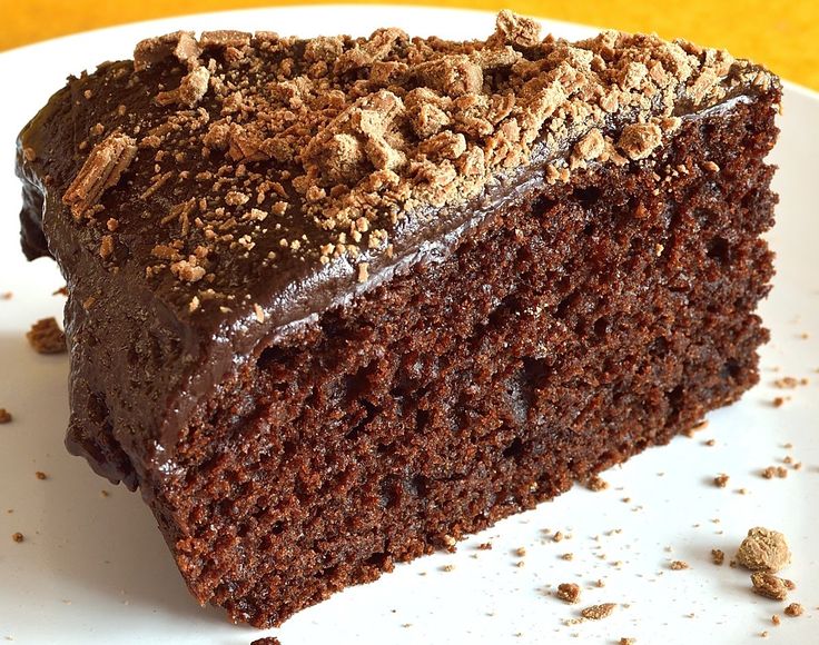 a piece of chocolate cake on a white plate