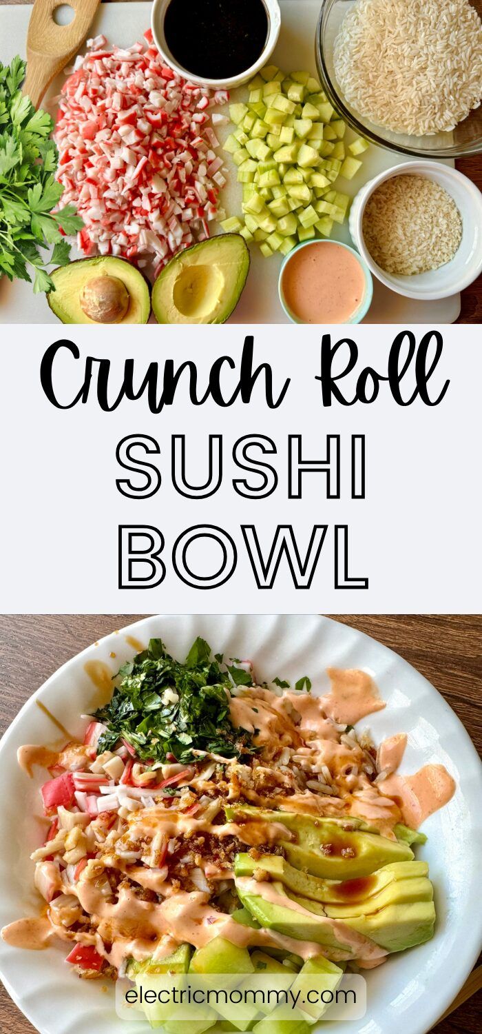 this sushi bowl is loaded with vegetables, rice and sauces for an easy lunch