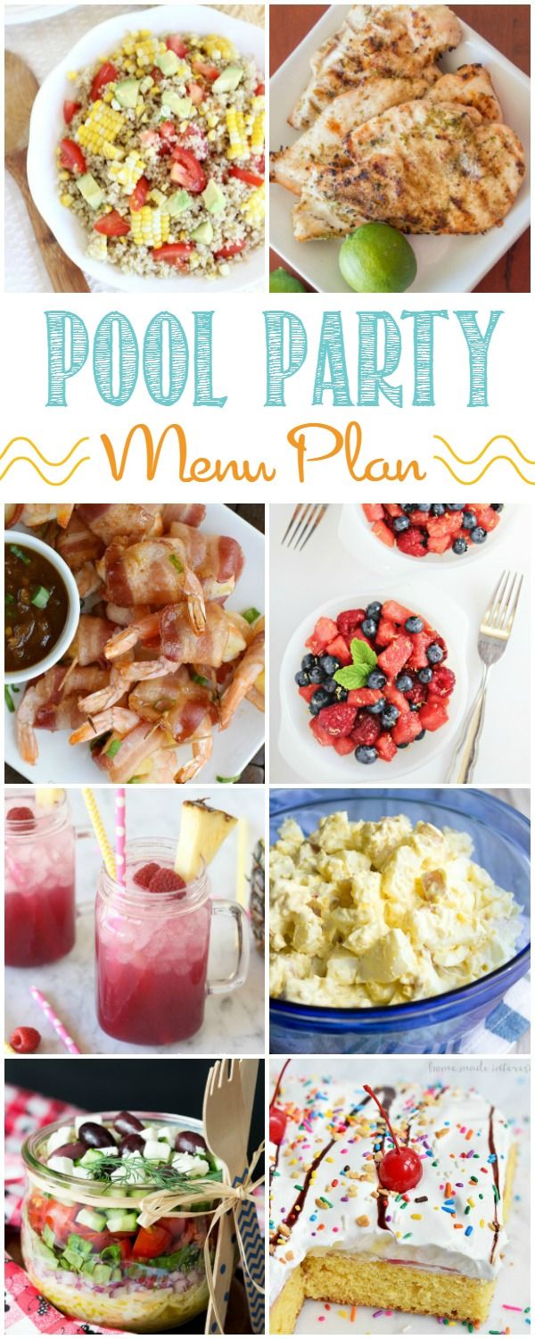 pool party menu plan with pictures of different foods and drinks on it, including cake, salad