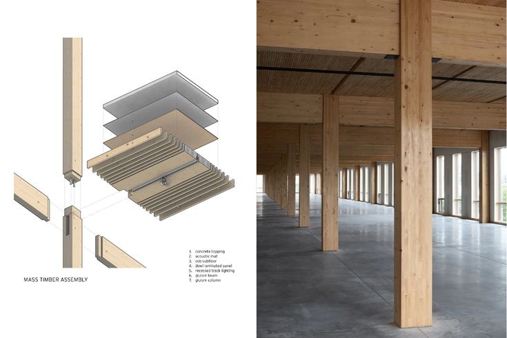 an image of a building with wood beams and flooring on the inside, and in the outside