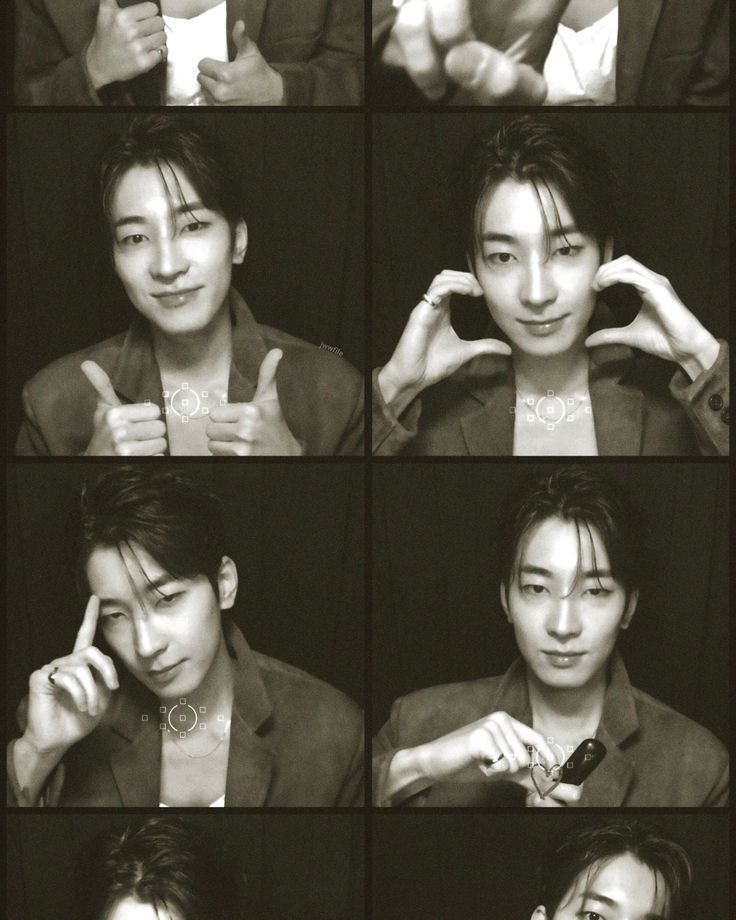 black and white photo of young man making gestures with his hands in different positions,