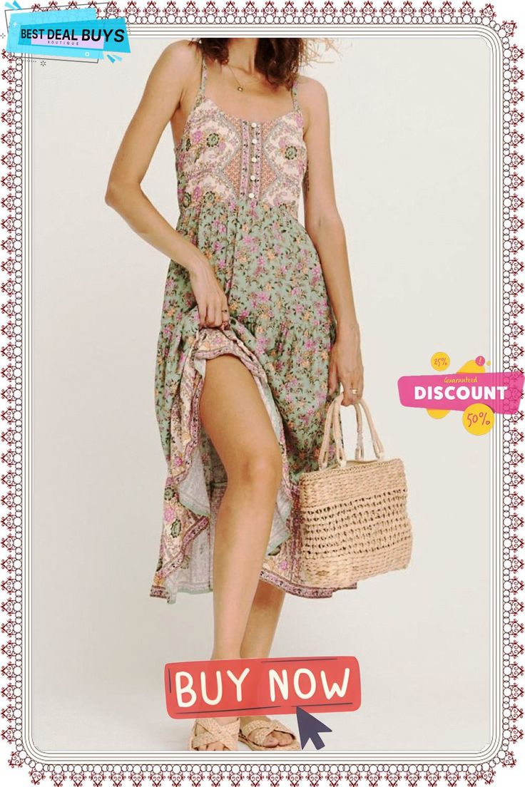 Bohemian Floral Print Sling Dress Bohemian Sling Sundress For The Beach, Green Boho Print Sundress For Summer, Boho Print Sundress For Spring, Spring Boho Print Sundress, Beige Bohemian Halter Neck Sundress, Spring Beach Sling Dresses, Sundress Style Sling Maxi Dress For Beach Season, Spring Festival Maxi Dress With Spaghetti Straps, Casual Sling Maxi Dress For The Beach