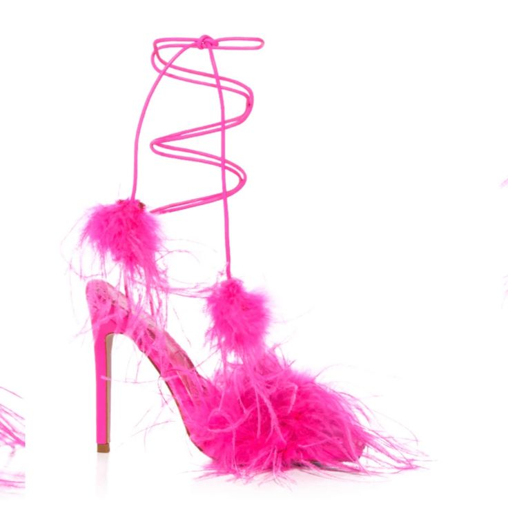 These Hot Pink Stiletto Sandals Will Be Your New Go-To For A Standout Look. With An Open Toe And Lace Up Cords, These Heels Create A More Upscale Look While Still Having Fun! The Pink Feathers Along The Front And On The Ends Of The Cords Create A Fun And Flirty Silhouette. - Faux Leather Upper - Open Square Toe - Stiletto Heel - 4.75” Heel Height - 31” Lace-Up Cords Club Heels, Hot Pink Heels, Pink Stilettos, Tie Up Heels, Work Shoes Women, Azalea Wang, Ankle Wrap Sandals, Sandal Platform, Feather Flower