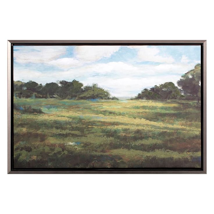 an oil painting of a grassy field with trees in the background