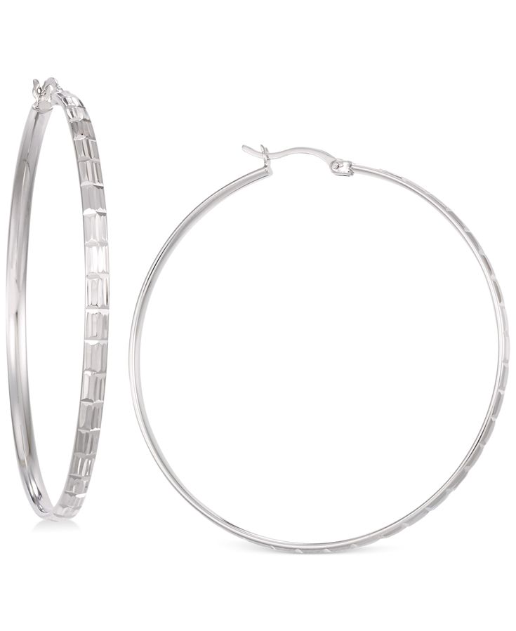 Circle hoops in polished 14k white vermeil get an extra dose of drama thanks to a textured diamond-cut pattern. Approximate diameter: 2 inches. Macy's Hoop Earrings For Formal Occasions, Macy's Formal Hoop Jewelry, Macy's Hoop Jewelry For Formal Occasions, Elegant White Gold Hoop Earrings By Macy's, Elegant Macy's White Gold Hoop Earrings, Macy's Elegant White Gold Hoop Earrings, Macy's Modern Round Earrings, Modern Round Earrings From Macy's, Shiny Metal Hoop Jewelry