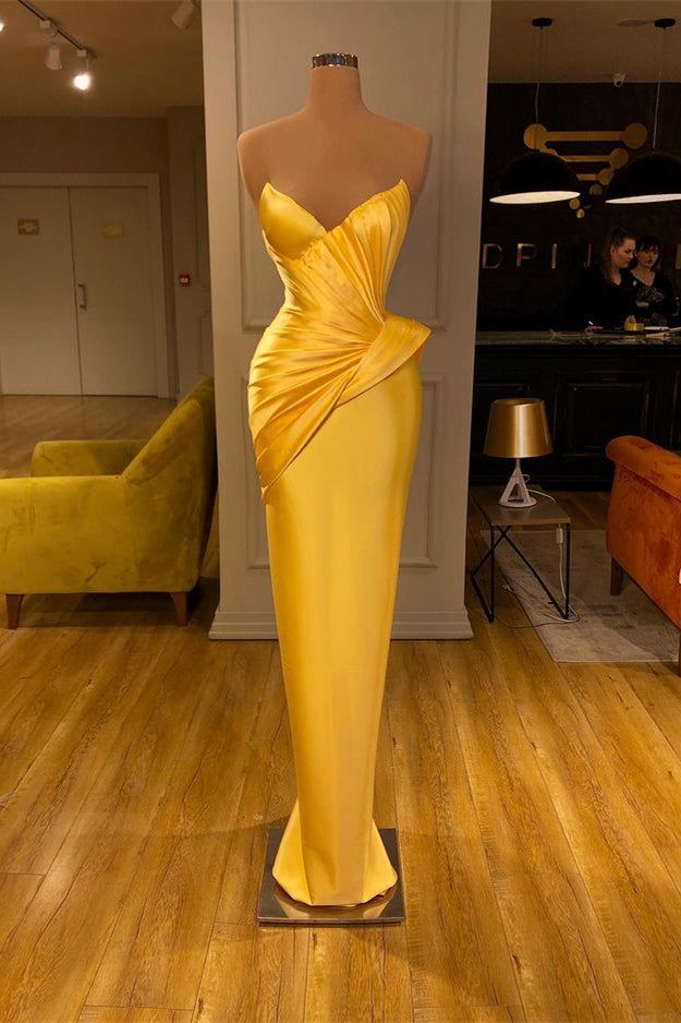 Elegant Sweetheart Mermaid Prom Dress Pleated Long Online-Ballbella Yellow Mermaid, Prom Dresses Long Mermaid, Mermaid Prom Dress, V Neck Prom Dresses, Yellow Satin, Mermaid Evening Dresses, Mermaid Prom Dresses, Express Dresses, Evening Dresses Long