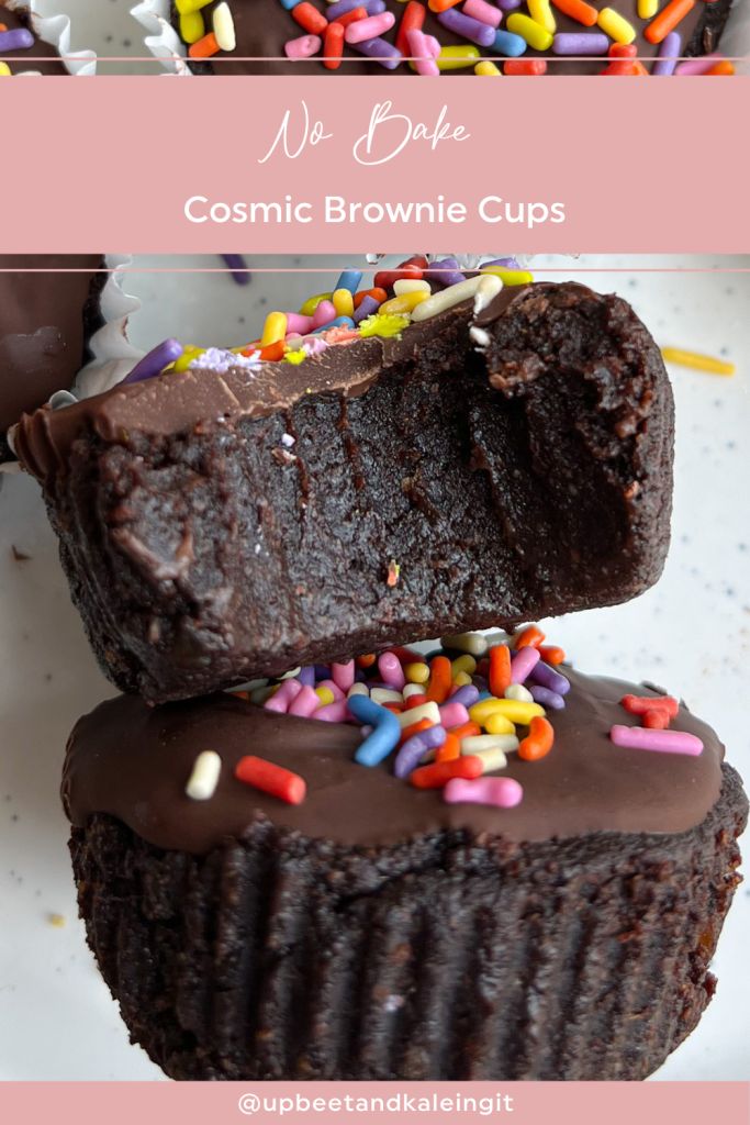 two chocolate cupcakes with sprinkles on top and the words, no bake cosmic brownie cups