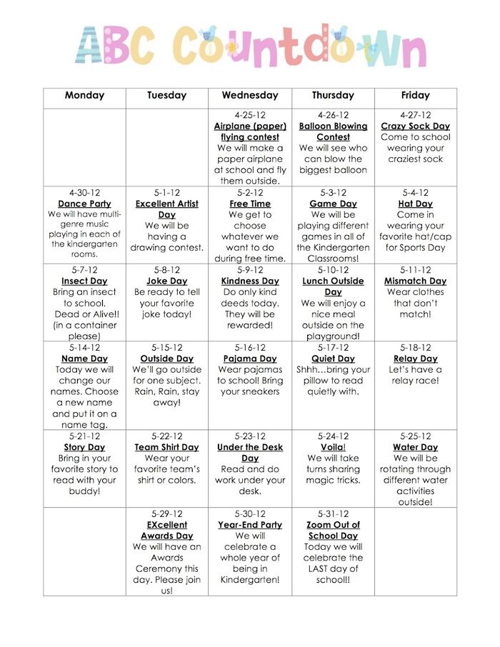 the abc count down calendar is shown in this printable version, which includes daily activities for