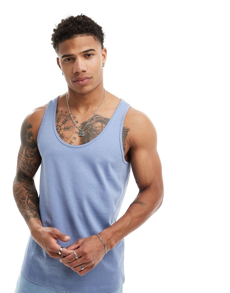 T-Shirts & Tank tops by ASOS DESIGN Take it back to basics Plain design Scoop neck Racer back Regular fit Cotton Scoop Neck Tank Top For Gym, Blue Casual Tops With Tank Straps, Casual Blue Tops With Tank Straps, Blue Tank Strap Top, Casual Blue Sleeveless Tank Top, Everyday Blue Sleeveless Tank Top, Blue Tank Strap Top For Everyday, Basic Blue Sleeveless Tank Top, Basic Blue Tank Top