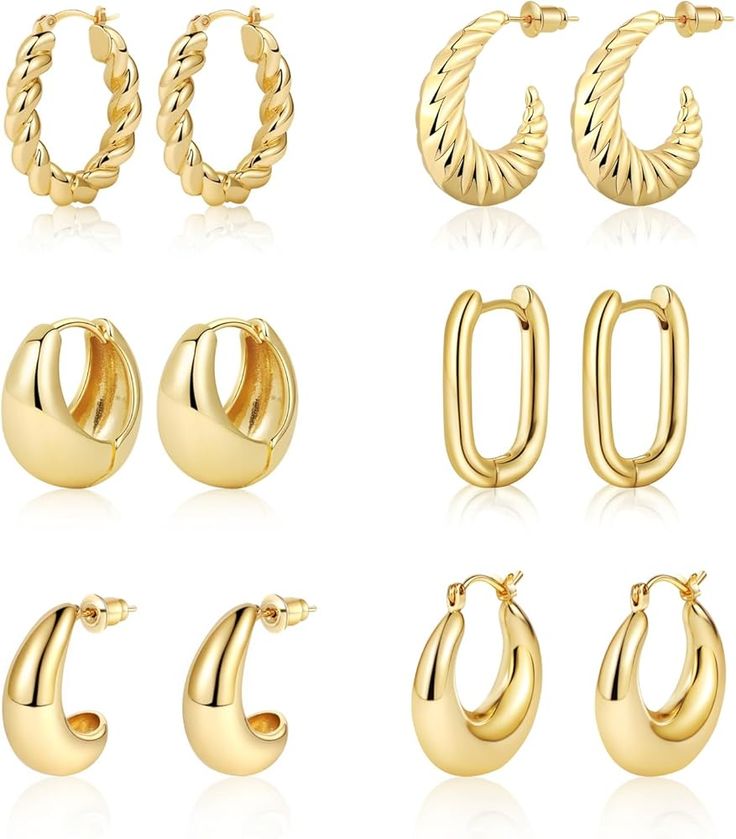 Amazon.com: BERISO 6 Pairs Gold Hoop Set Earrings for Women 14K Gold Plated Lightweight Small Gold Hoop Earrings for Women Chunky Open Huggie Hoops Earrings : Clothing, Shoes & Jewelry Women Hoop Earrings, Preppy Gold Hoop Earrings, Non Tarnish Earrings, Gold Earrings Pack, Medium Hoops Earrings, Cute Trendy Earrings, Small Thick Gold Hoop Earrings, Trendy Earrings Hoops, Cute Earrings Hoops Gold