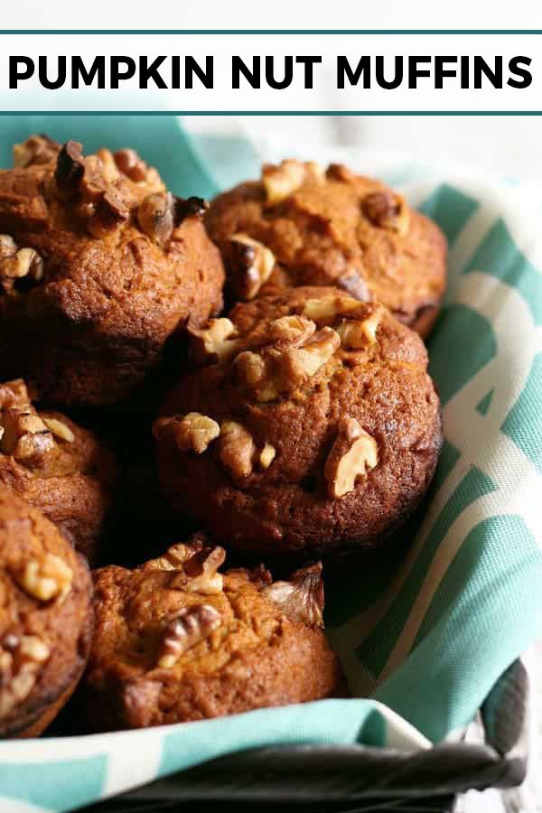 pumpkin nut muffins in a blue and white basket with the title above it