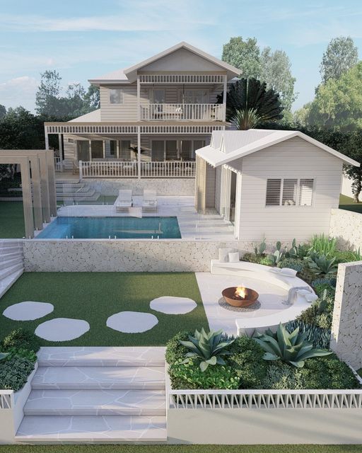 this is an artist's rendering of a house with a pool and landscaping area