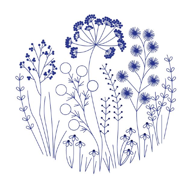 a drawing of blue flowers and grass on a white background with the words, wildflowers