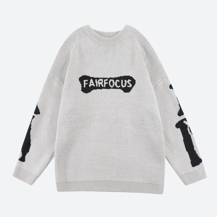 Stand out in this men's grunge sweater, showcasing a striking skeleton design on the back and sleeves. The bone and text print detail on the chest add an extra edge, making it perfect for those who love streetwear with a unique, cool, and casual style. Grunge aesthetic Skeleton design at back & sleeves Bone & text print detail at chest Text detail: fairfocus Drop shoulder Crew neck Long sleeve Polyester Order 1 size larger to be oversized Grunge Skeleton, Aesthetic Skeleton, Mens Grunge, Mens Winter Sweaters, Grunge Sweater, Korean Jeans, Casual Cotton Top, Asian Streetwear, Bodybuilding T Shirts