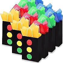 small gift bags with different colors and shapes in black, yellow, red, green, blue, orange