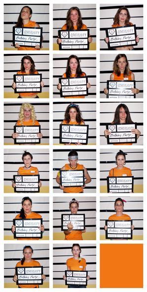 the mugshots are being used to show people in orange shirts holding up signs