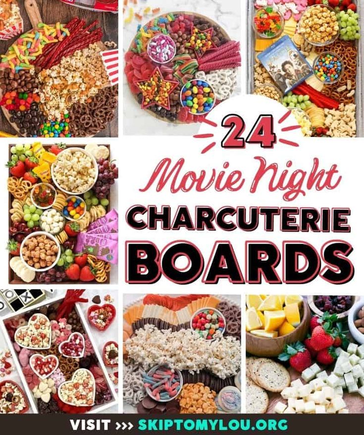 many different pictures with the words 24 movie night charutere boards on them and various snacks