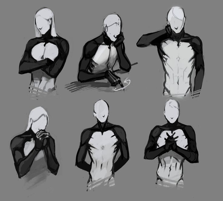 six different poses of a person with their hands on their chest and arms crossed, in black and white