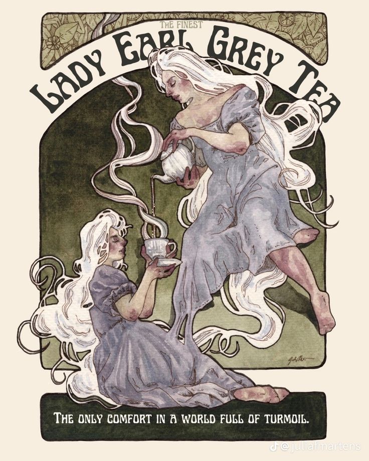 an advertisement for the body ear grey tea, featuring two women with long white hair