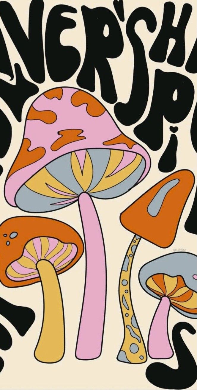 an image of a poster with mushrooms on it's back side and the words nerdshapp written in black