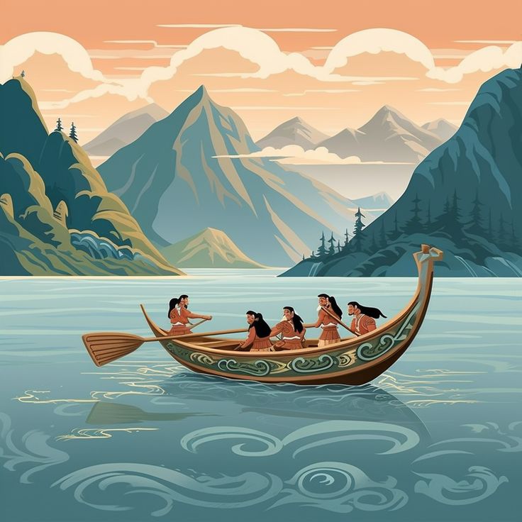 an illustration of people in a canoe on the water with mountains and clouds behind them