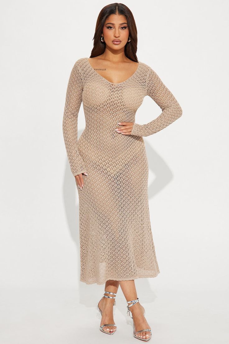 Available In Taupe And White. Crochet Maxi Dress Long Sleeves V-Neckline Metallic Stretch 65% Viscose 35% Metallic Imported | Camille Crochet Maxi Dress in Taupe size 2X by Fashion Nova Chic V-neck Crochet Dress For Beach Cover-up, Chic Crochet V-neck Dress For Beach Cover-up, Fitted V-neck Crochet Dress With Hollow Out Details, V-neck Crochet Dress With Open Knit, Fitted V-neck Crochet Dress For Party, Fitted V-neck Open Knit Crochet Dress, Fitted V-neck Open Knit Dress, Fitted Open Knit Crochet Dress With V-neck, V-neck Open Knit Party Dress