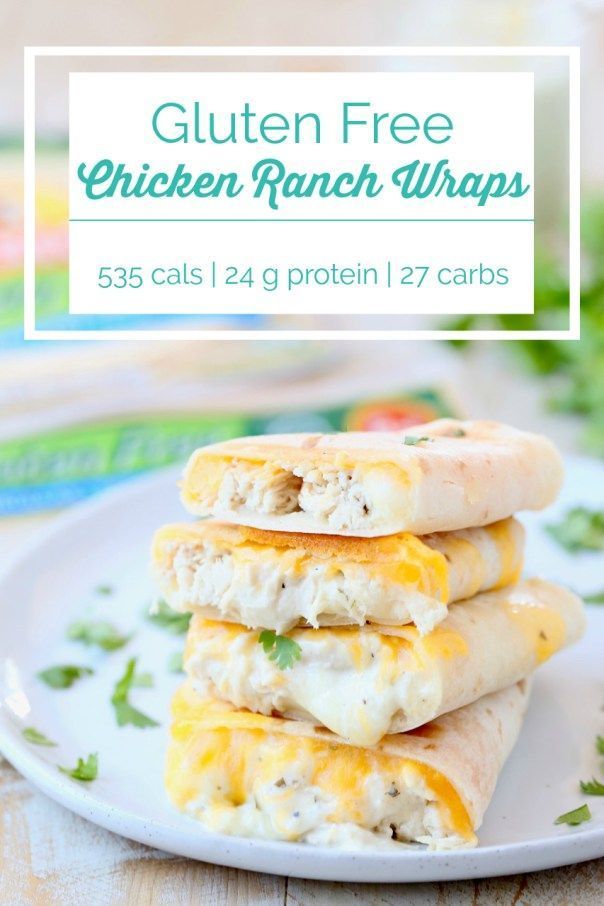 three gluten free chicken ranch wraps stacked on a white plate with the title overlay