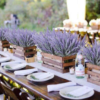 an outdoor table set up with plates and wine bottles, lavender plants in wooden boxes