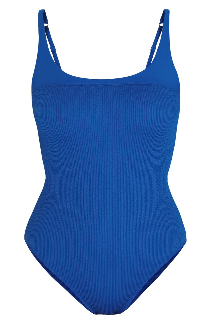 Crinkled stretch fabric provides this one-piece swimsuit with a comfortable fit, while a scooped neckline and back cutout keep the look playful. Adjustable straps Moderate back coverage 100% UV protection Lined 69% polyamide, 31% elastane Machine wash, dry flat Imported Blue One-piece Polyamide Swimwear, Blue Textured Stretch Swimwear, Blue Polyamide Swimwear With Lined Body, Textured Sleeveless Swimwear For Vacation, One-piece Textured Swimwear For Poolside, Blue Textured Swimwear For Swimming, Textured One-piece Swimwear For Poolside, Textured One-piece Swimwear For Swimming, Blue Textured Fitted Swimwear