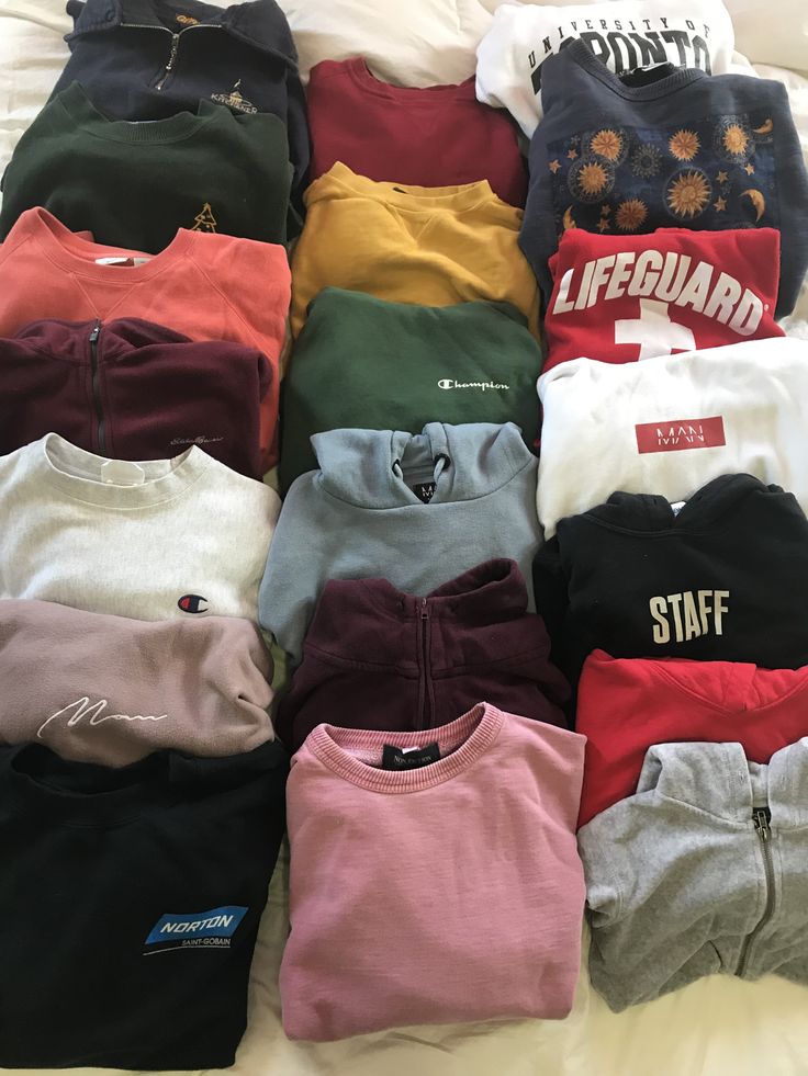 colourful hoodie collection Hoodies Collection Aesthetic, Sweatshirt Collection Closet, Hoodie Collection Closet, Hoodie Collection Aesthetic, Jax Core, Crew Neck Sweatshirt Aesthetic, Thrifted Hoodies, Thrift Hoodie, Sweatshirts Aesthetic