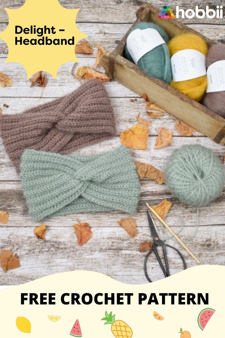 the crochet headband is next to yarn, scissors and knitting needles on a wooden table