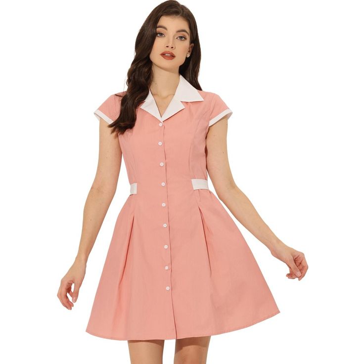 This shirt dress features a button-up closure, a contrast collar, cap sleeves, and a waist-back belt tie for a classic look, which makes you a spotlight. The fitted shape and the belt bring a slim silhouette while the button front and a cinched waist show the charming style of this a-line shirt dress. Pair it with sandals or strappy heels for a stylish career look. Smart Day Dresses, Doll Collar Dress, Peter Pan Collar Dress, Doll Collar, Dress Sleeve Length, Flat Collar, Flare Mini Dress, Short Sleeve Mini Dress, Mini Shirt Dress