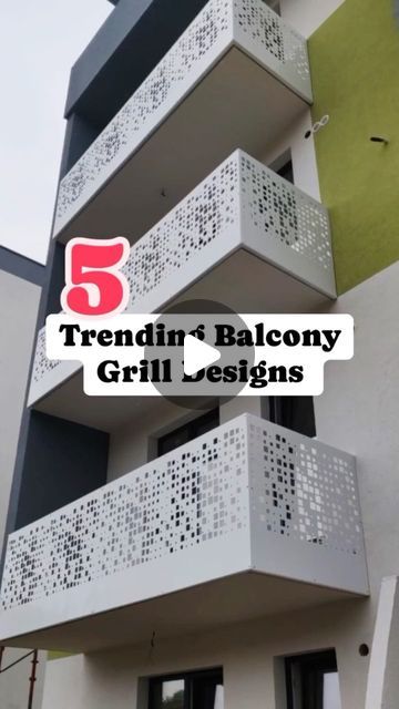 the words trendin balcony grill designs are in front of a white building