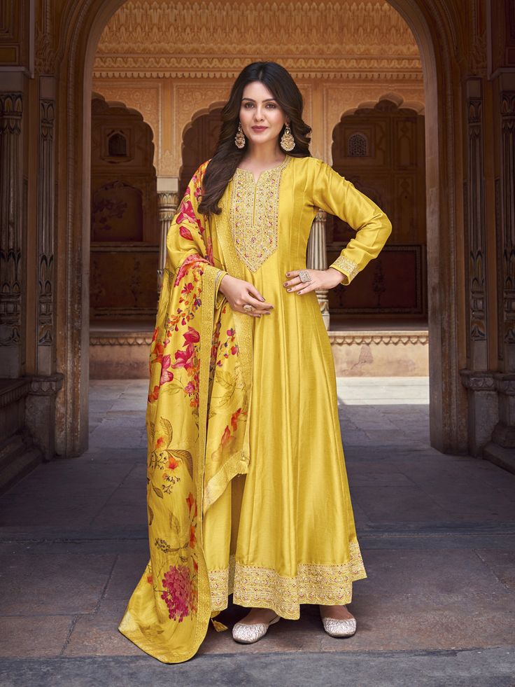 Classy Designer Heavy Vichitra Silk Anarkali Suit Collection Processing Time : 7 Business Days Work : Embroidery Work  Fabric:Top : Heavy Vichitra Silk Bottom : Heavy Dull Santoon Dupatta : Heavy Maslin Color:Top : Yellow Bottom : Yellow Dupatta : Multi Yellow Silk Suit, Silk Anarkali Gown, Floral Dupatta, Yellow Dupatta, Wedding Ootd, Silk Anarkali Suits, Patiyala Dress, Stylish Gown, Silk Anarkali