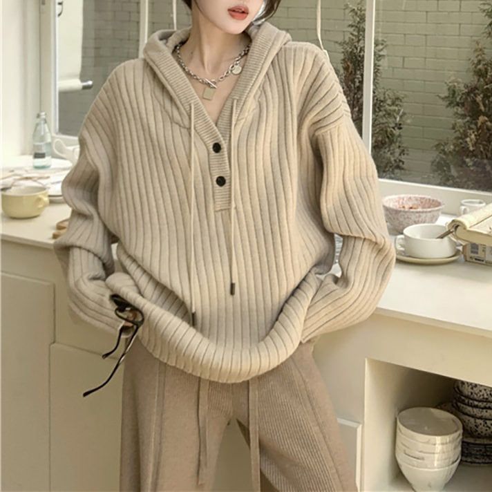 This beige knit hoodie features ribbed construction, a cozy loose fit, and a button-up closure in front Size:• S: Bust: 116cm/ 45.7 in, Length: 68cm/ 26.8 in, Sleeves: 51cm/ 20.1 in• M: Bust: 118cm/ 46.5 in, Length: 69cm/ 27.2 in, Sleeves: 52cm/ 20.5 in• L: Bust: 120cm/ 47.2 in, Length: 69cm/ 27.2 in, Sleeves: 52cm/ 20.5 in• XL: Bust: 122cm/ 48.0 in, Length: 70cm/ 27.6 in, Sleeves: 53cm/ 20.9 in• 2XL: Bust: 124cm/ 48.8 in, Length: 70cm/ 27.6 in, Sleeves: 53cm/ 20.9 in• 3XL: Bust: 126cm/ 49.6 in, Cozy Beige Hoodie Sweater, Casual Beige Polo Sweater For Winter, Casual Beige Winter Polo Sweater, Cozy Beige Polo Sweater For Fall, Beige Knit Hoodie For Fall, Winter Hoodie With Ribbed Cuffs In Beige, Beige Hoodie With Ribbed Cuffs For Winter, Cozy Long Sleeve Beige Polo Sweater, Winter Cream Polo Sweater With Ribbed Cuffs