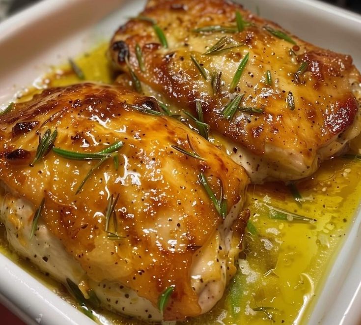 two pieces of chicken sitting on top of a white plate covered in sauce and herbs